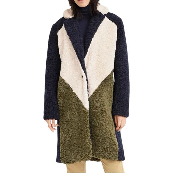 J.Crew Color block Sherpa Faux Shearling TopCoat Navy/Ivory/Olive Sz L - Picture 3 of 11